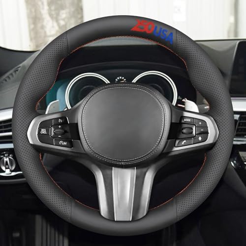 MEWANT Black Stitch on Steering Wheel Cover for BMW 5 Series
