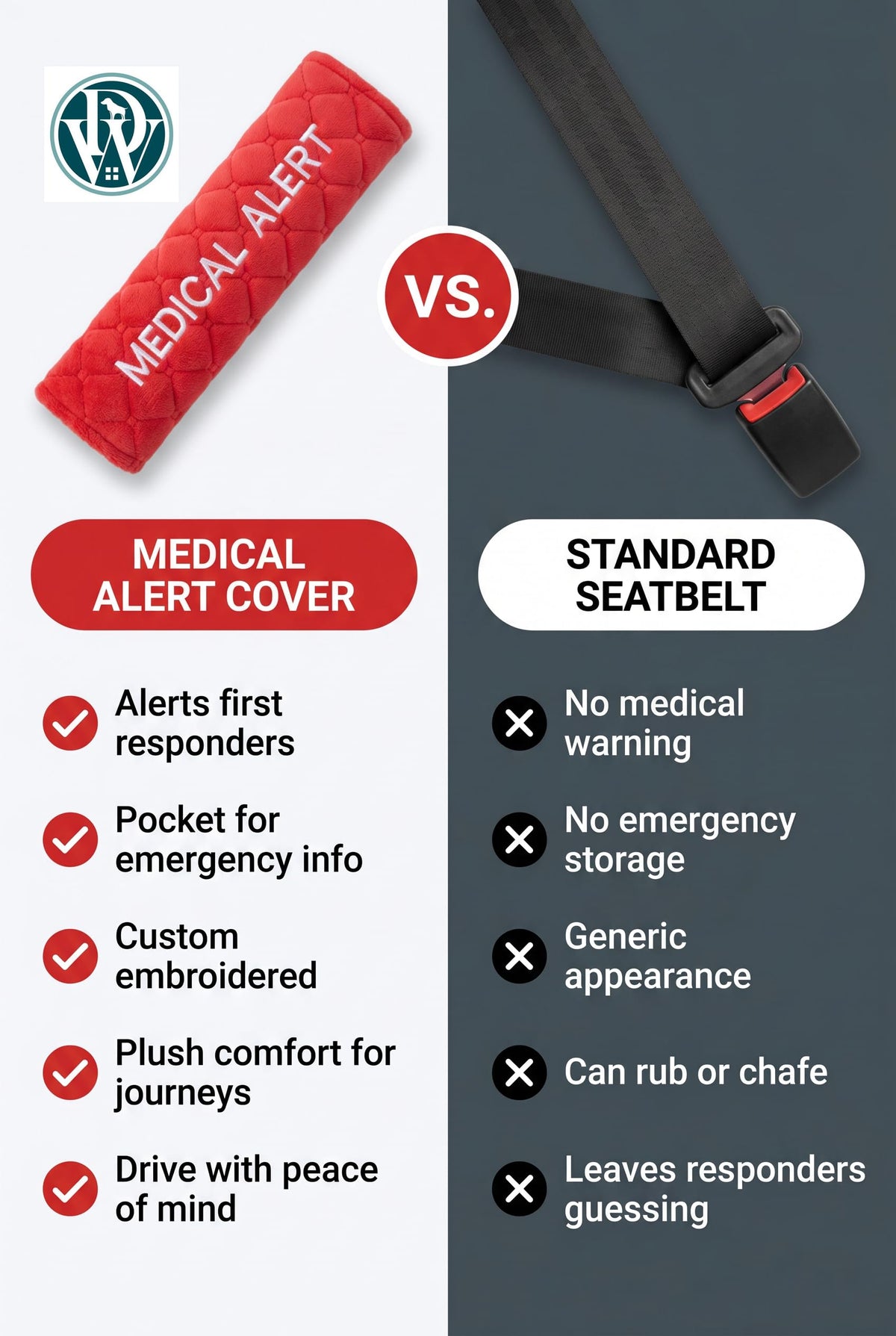 DoggiesWorld Personalised Medical Alert Seatbelt Cover Pair, Embroidered