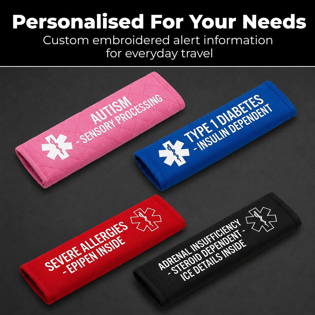 DoggiesWorld Personalised Medical Alert Seatbelt Cover Pair, Embroidered