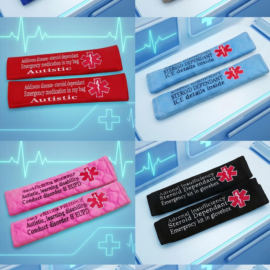 DoggiesWorld Personalised Medical Alert Seatbelt Cover Pair, Embroidered